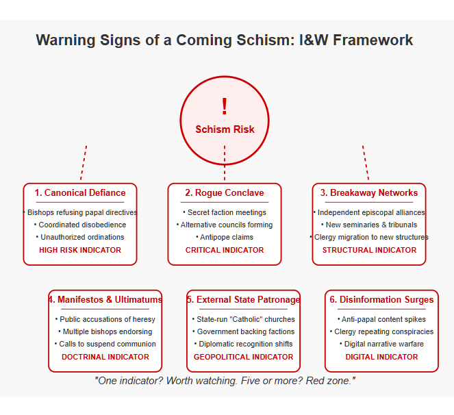 Infographic showing six key warning signs of potential Catholic schism. A central warning icon connects to six red boxes containing different indicators: Canonical Defiance by Bishops, Rogue Conclave establishment, Breakaway Networks forming, Manifestos and theological ultimatums, External State Patronage, and Disinformation Surges. Each box includes specific examples and risk levels.