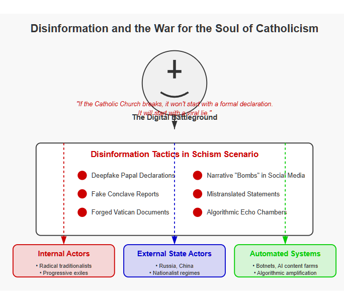 Diagram illustrating Catholic Church disinformation dynamics. A central 'Digital Battleground' icon connects to a box showing six disinformation tactics including deepfakes, fake conclave reports, and forged documents. Three sources of disinformation are shown at bottom: Internal Actors (red), External State Actors (blue), and Automated Systems (green), each connected by dashed lines. The visualization includes the quote: 'If the Catholic Church breaks, it won't start with a formal declaration. It will start with a viral lie.'