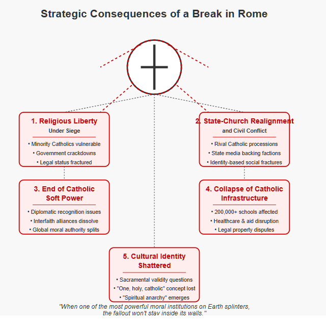 Diagram depicting five major consequences of Catholic Church schism. A central Church symbol with fracture lines connects to five red boxes: 'Religious Liberty Under Siege' (top left), 'State-Church Realignment and Civil Conflict' (top right), 'End of Catholic Soft Power' (middle left), 'Collapse of Catholic Infrastructure' (middle right), and 'Cultural Identity Shattered' (bottom center). Each box contains specific examples of negative impacts. A quote at bottom reads: 'When one of the most powerful moral institutions on Earth splinters, the fallout won't stay inside its walls.