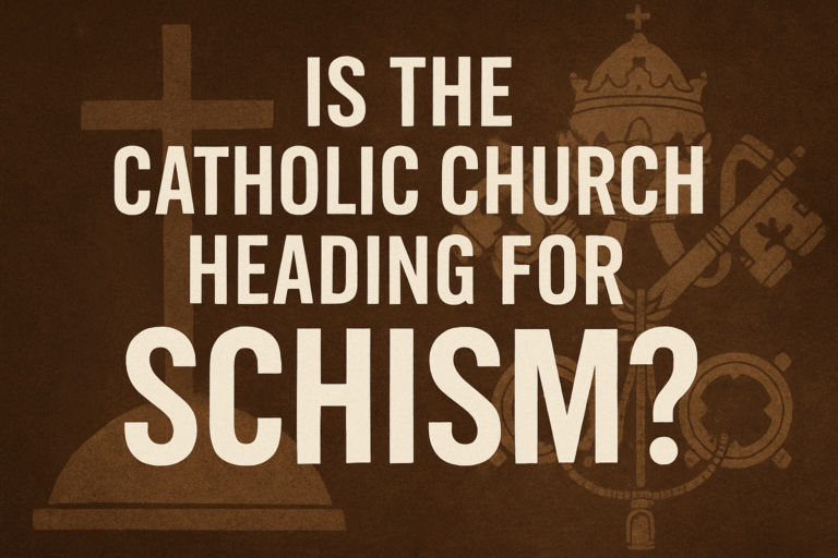 A digital graphic design asks, “Is the Catholic Church Heading for Schism?” in bold white text on a dark brown parchment-style background. Faded Catholic symbols, including a Latin cross, papal tiara, and crossed keys of Saint Peter, appear subtly in the backdrop, adding religious context to the provocative question.