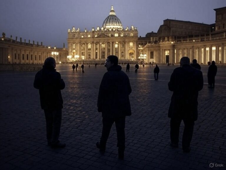 A twilight scene in St. Peter's Square, Vatican City, with the illuminated St. Peter's Basilica in the background. Silhouetted figures stand and walk across the cobblestone plaza, creating a somber and quiet atmosphere before a papal conclave. The sky is a deep blue, and the surrounding architecture is softly lit, enhancing the mood of anticipation.