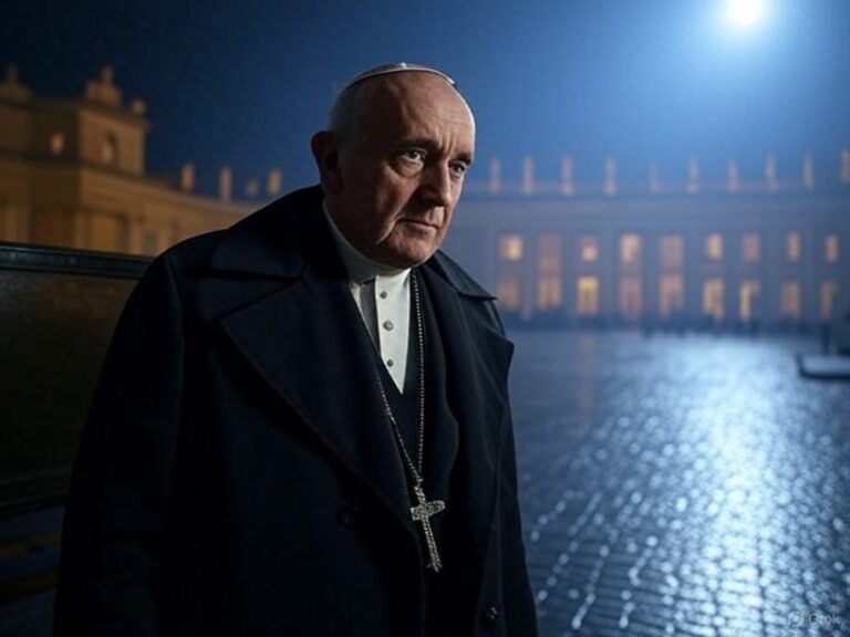 A cinematic, high-contrast digital painting of Pope Francis styled as a shadowy geopolitical strategist—think modern intelligence thriller meets Vatican realism. He stands alone in St. Peter’s Square at night, rain-slicked cobblestones glistening under dim lights. His white cassock is weathered but dignified. Behind him, the Vatican looms like an intelligence HQ—part sacred fortress, part operational command.